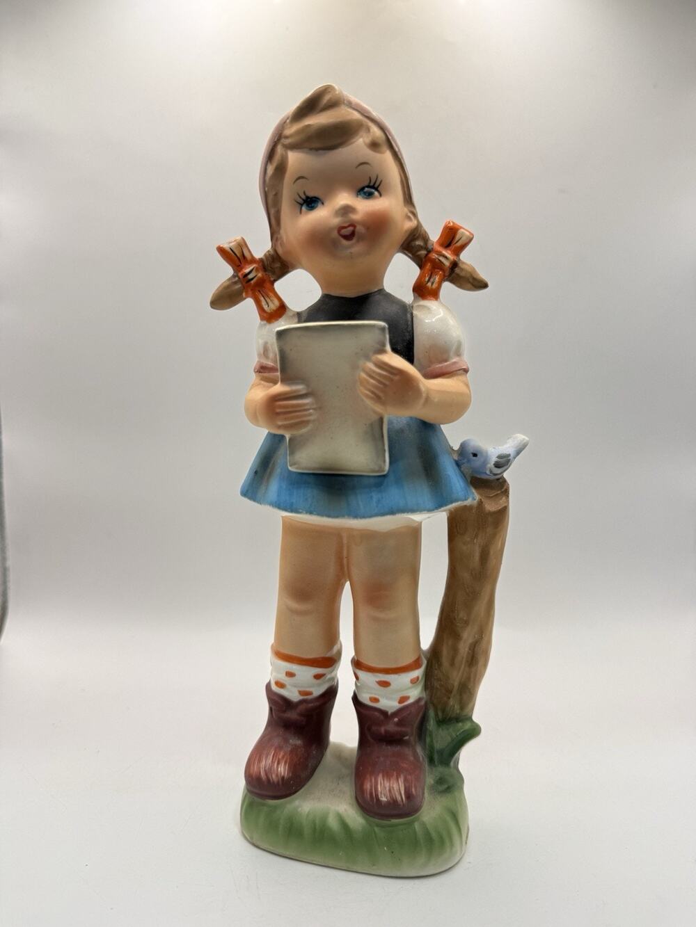 Vintage Dee Bee Co Girl Bird Book Figurine Hand Painted Japan 9.25” *